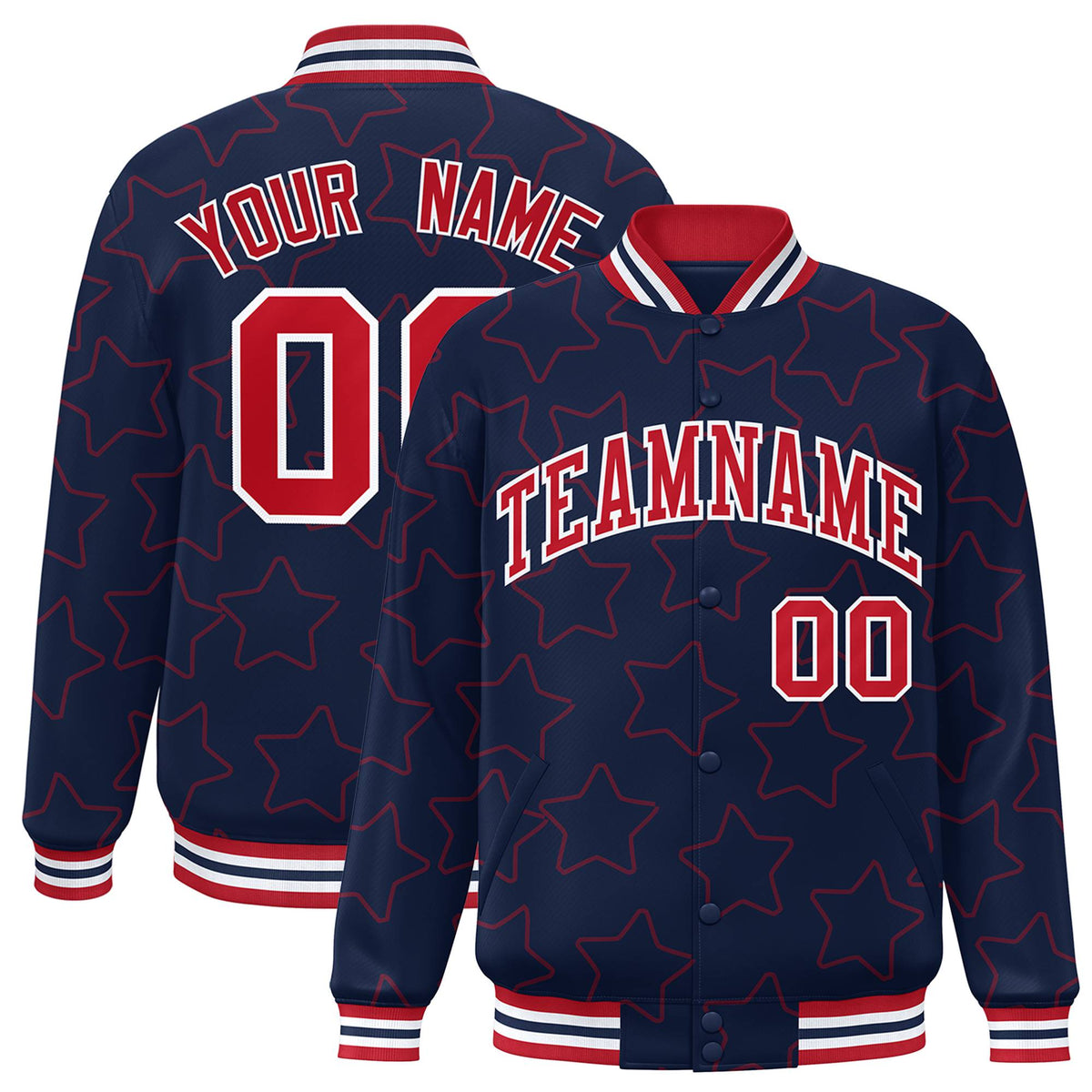 Custom Navy Red-White Varsity Full-Snap Star Pattern Letterman Baseball Jacket