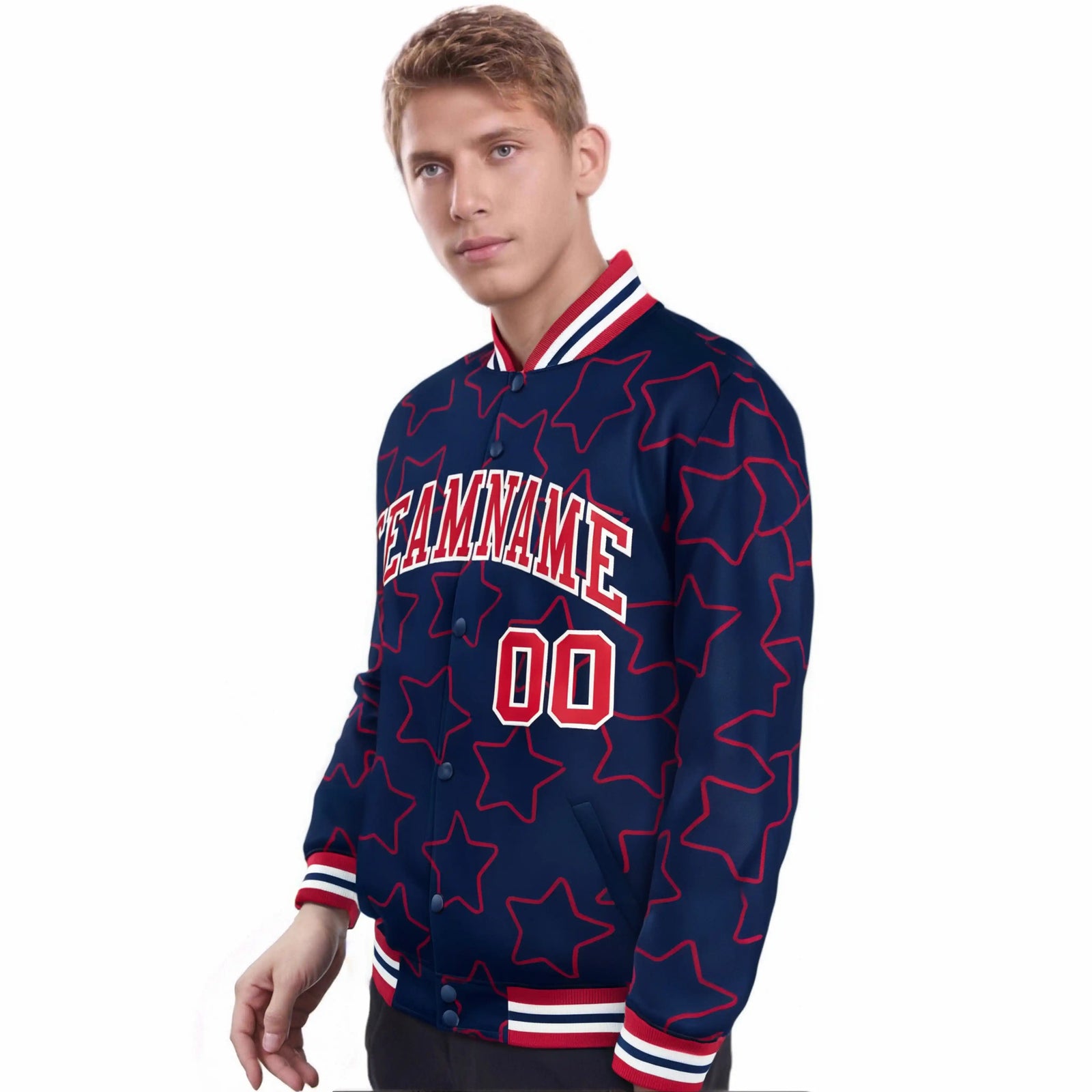 Custom Navy Red-White Varsity Full-Snap Star Pattern Letterman Baseball Jacket