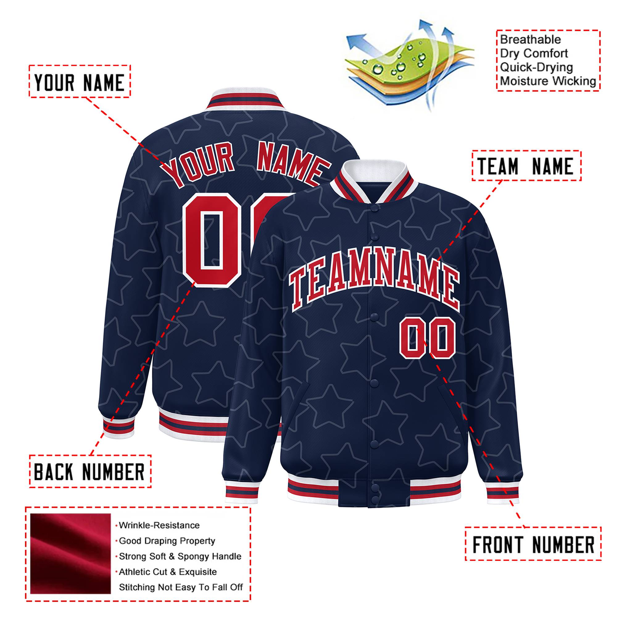 Custom Navy Red-White Varsity Full-Snap Star Pattern Letterman Baseball Jacket