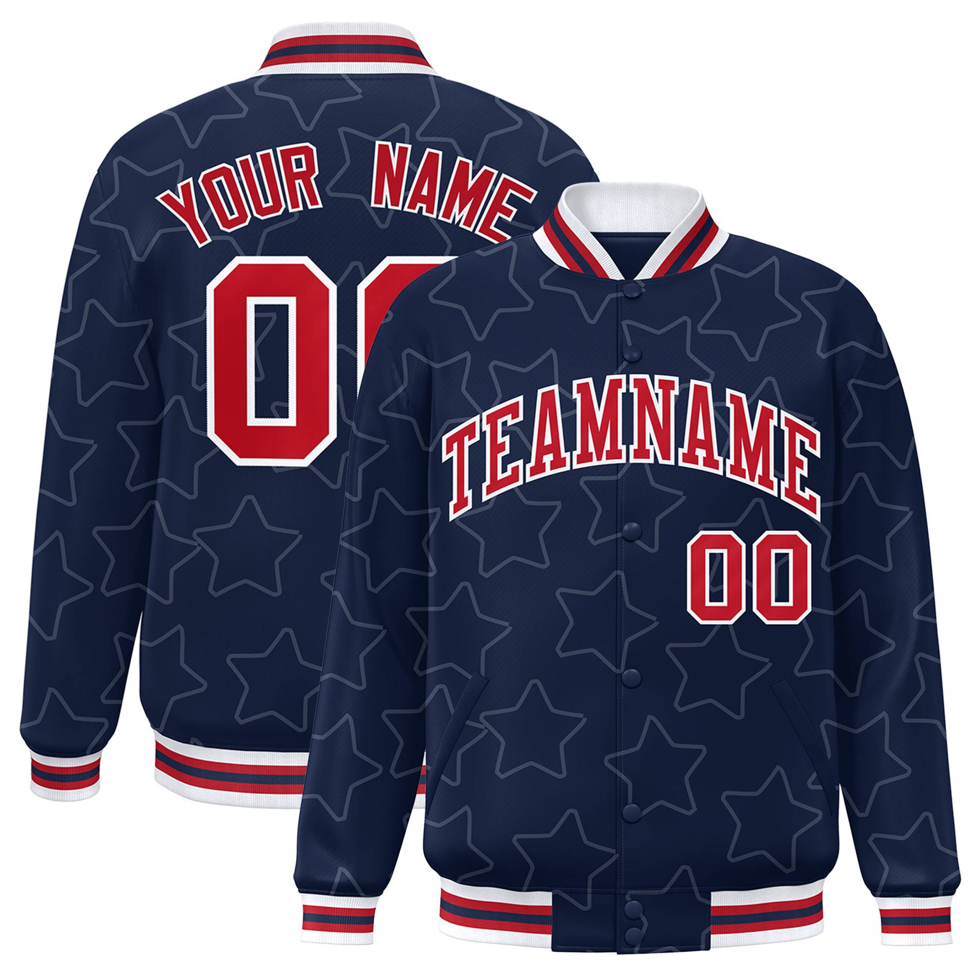 Custom Navy Red-White Varsity Full-Snap Star Pattern Letterman Baseball Jacket