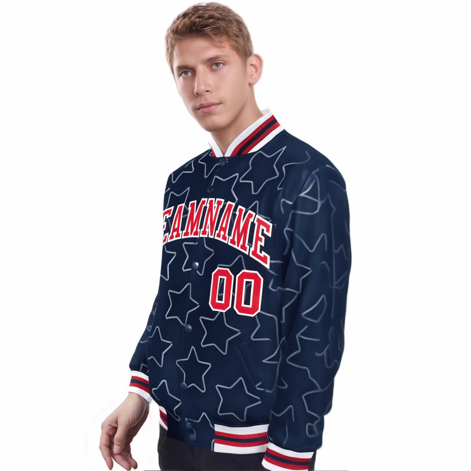 Custom Navy Red-White Varsity Full-Snap Star Pattern Letterman Baseball Jacket
