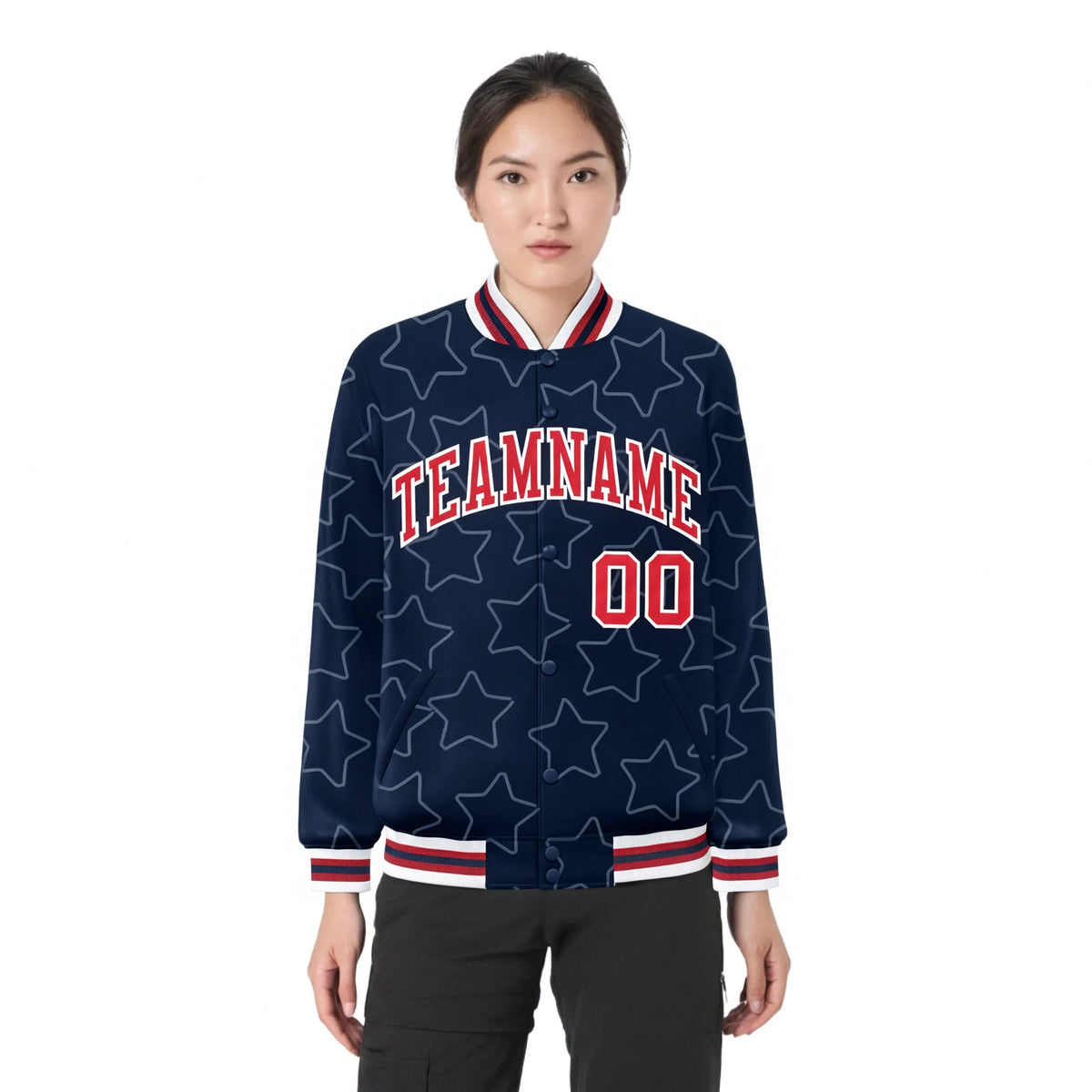 Custom Navy Red-White Varsity Full-Snap Star Pattern Letterman Baseball Jacket