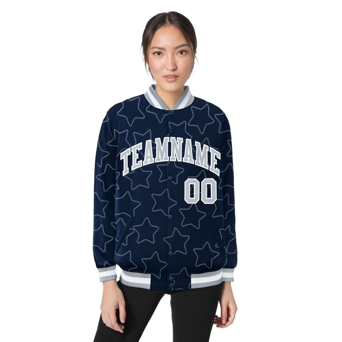 Custom Navy Gray-White Varsity Full-Snap Star Pattern Letterman Baseball Jacket