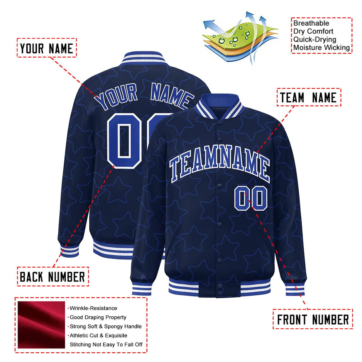 Custom Navy Royal Blue-White Varsity Full-Snap Star Pattern Letterman Baseball Jacket