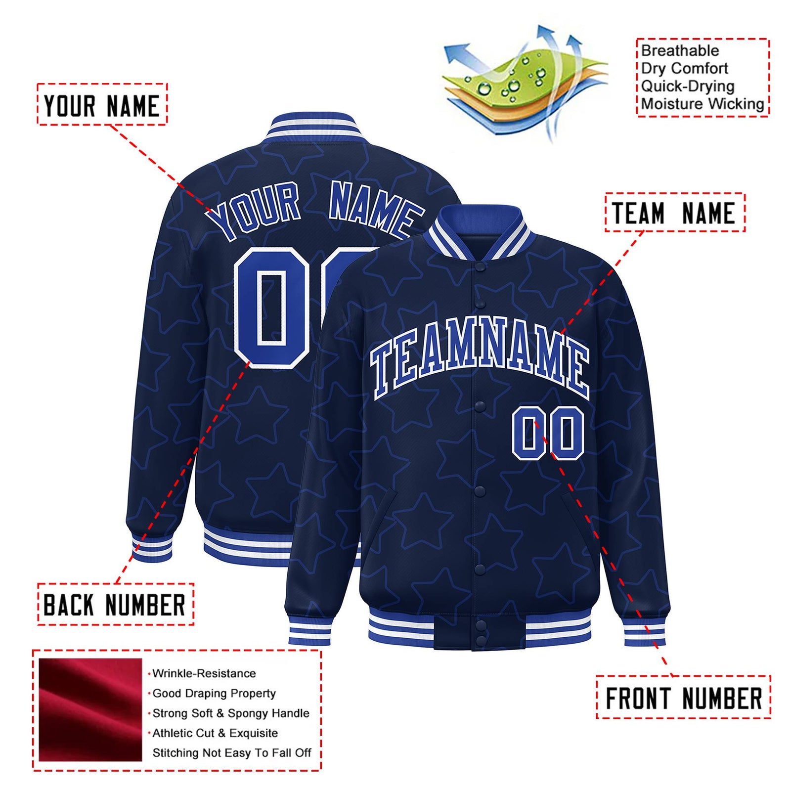 Custom Navy Royal Blue-White Varsity Full-Snap Star Pattern Letterman Baseball Jacket