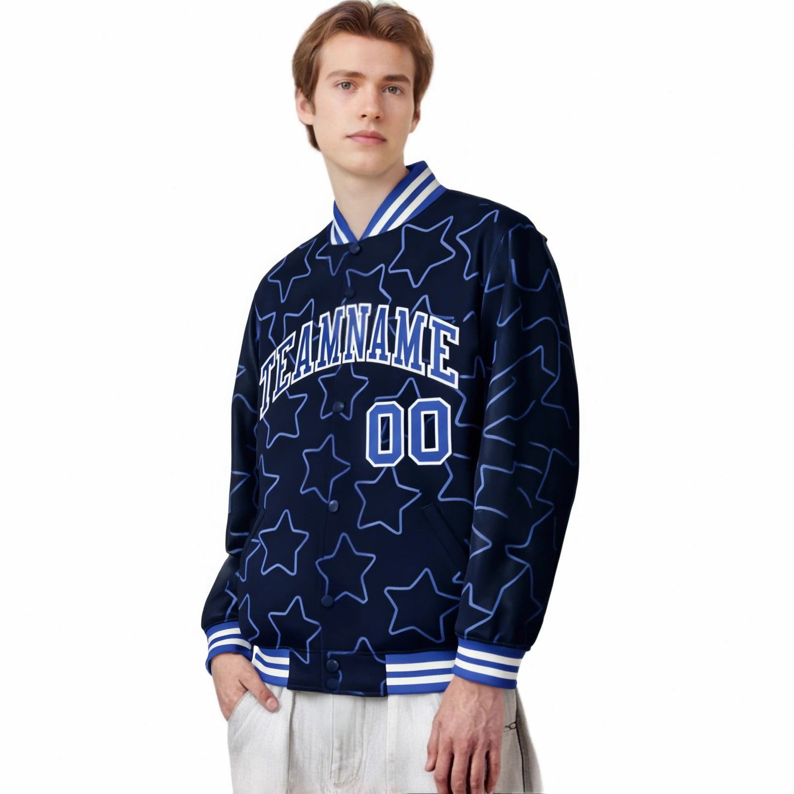 Custom Navy Royal Blue-White Varsity Full-Snap Star Pattern Letterman Baseball Jacket