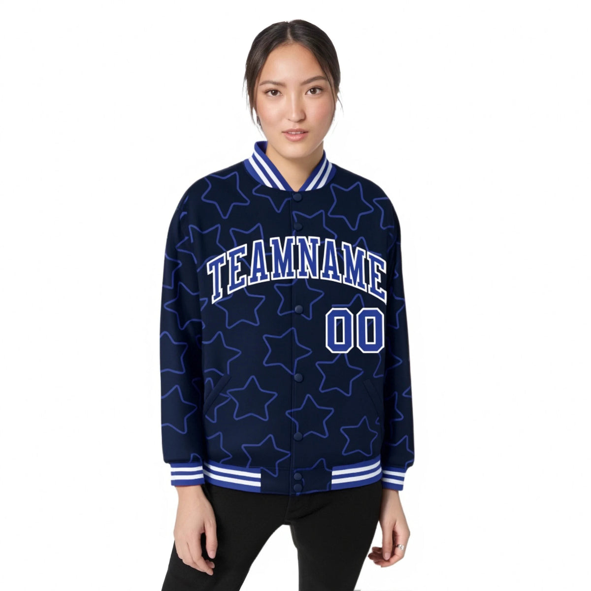 Custom Navy Royal Blue-White Varsity Full-Snap Star Pattern Letterman Baseball Jacket