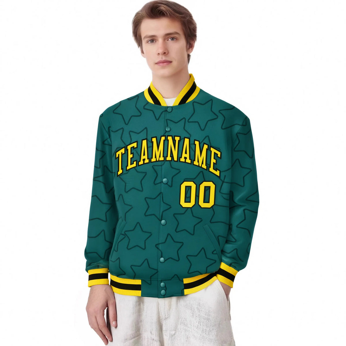 Custom Aqua Gold-Black Varsity Full-Snap Star Pattern Letterman Baseball Jacket