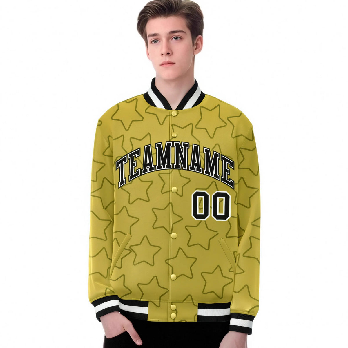 Custom Old Gold Black-White Varsity Full-Snap Star Pattern Letterman Baseball Jacket