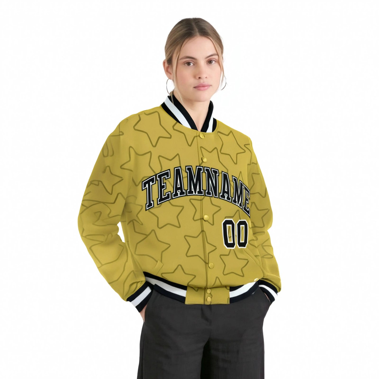 Custom Old Gold Black-White Varsity Full-Snap Star Pattern Letterman Baseball Jacket
