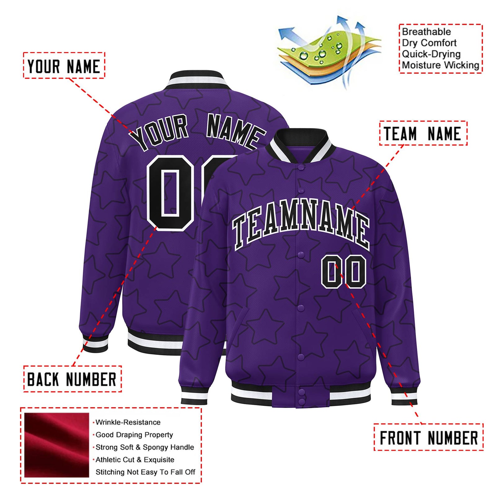 Custom Purple Black-White Varsity Full-Snap Star Pattern Letterman Baseball Jacket