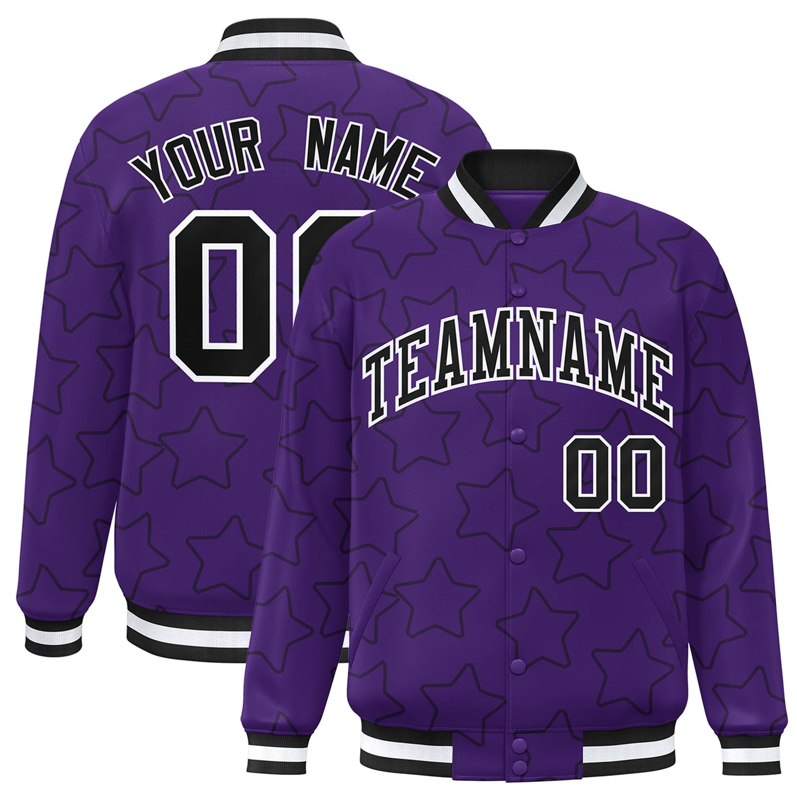 Custom Purple Black-White Varsity Full-Snap Star Pattern Letterman Baseball Jacket
