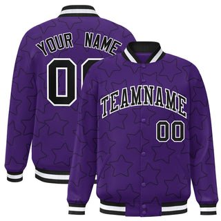 Chaqueta de béisbol universitaria personalizada en morado, negro y blanco con cierre completo y estampado de estrellas Letterman - Estilo 1