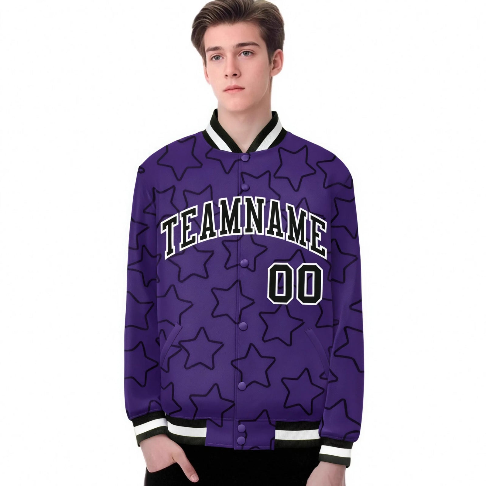 Custom Purple Black-White Varsity Full-Snap Star Pattern Letterman Baseball Jacket