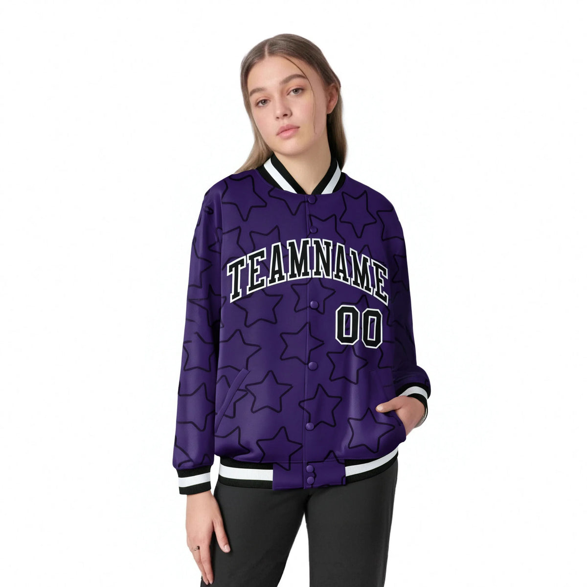 Custom Purple Black-White Varsity Full-Snap Star Pattern Letterman Baseball Jacket