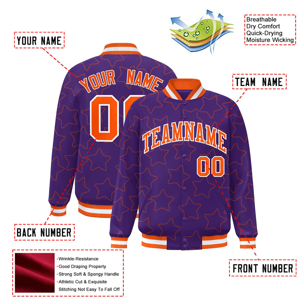 Custom Purple Orange-White Varsity Full-Snap Star Pattern Letterman Baseball Jacket