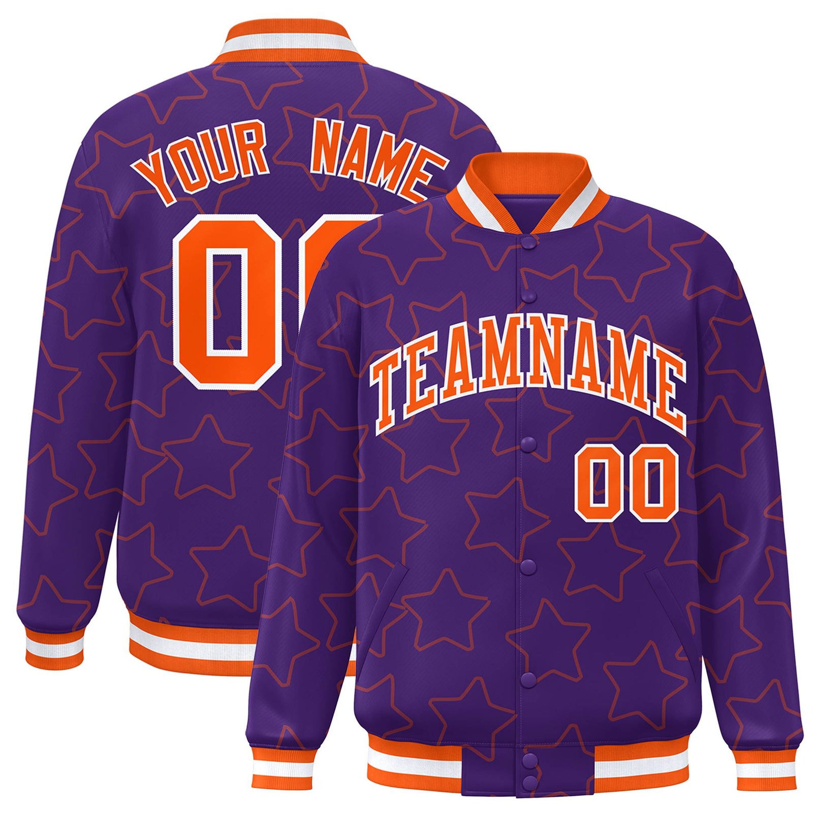 Custom Purple Orange-White Varsity Full-Snap Star Pattern Letterman Baseball Jacket