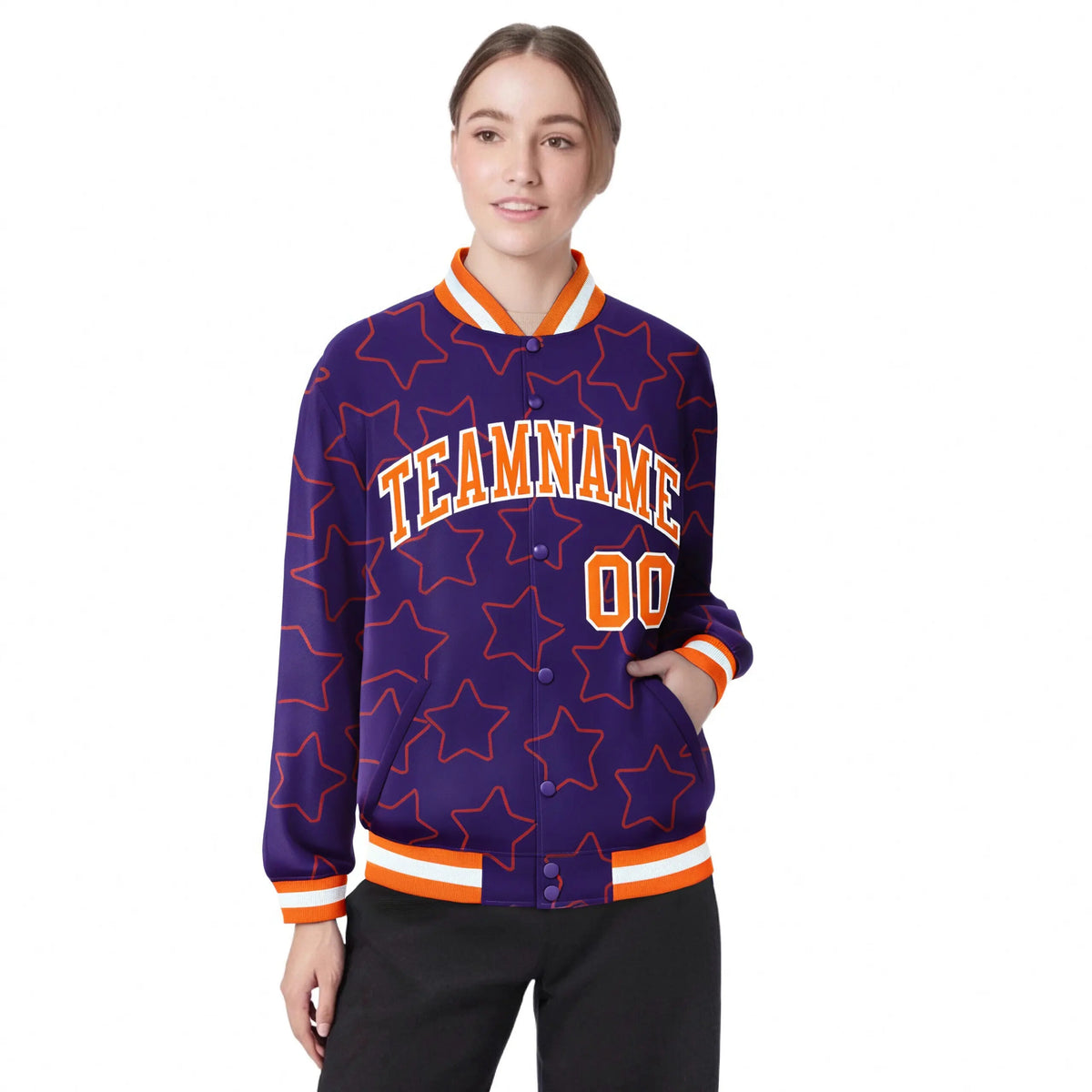 Custom Purple Orange-White Varsity Full-Snap Star Pattern Letterman Baseball Jacket