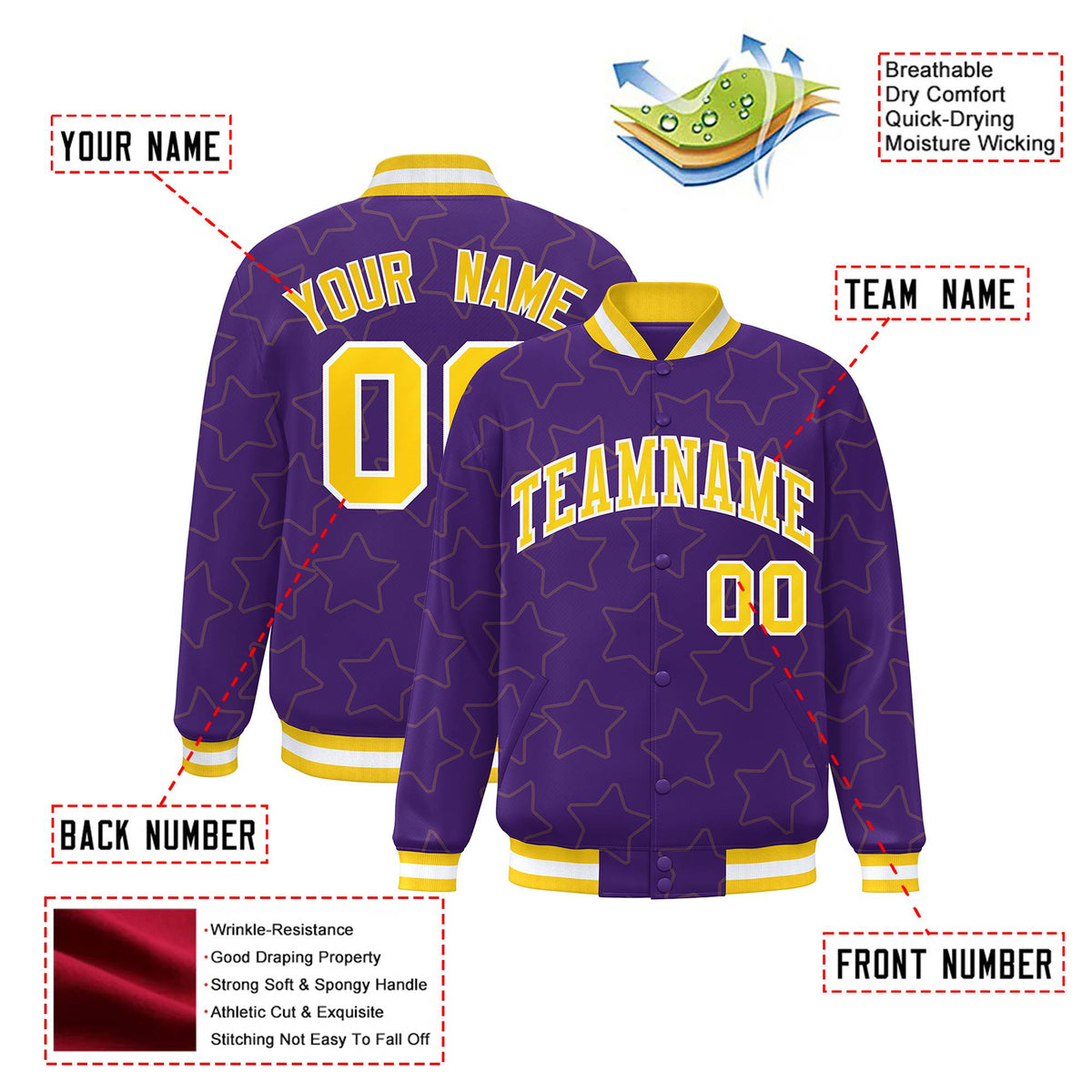 Custom Purple Gold-White Varsity Full-Snap Star Pattern Letterman Baseball Jacket