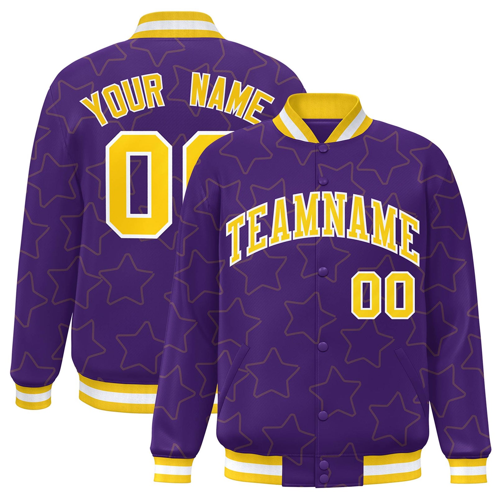 Custom Purple Gold-White Varsity Full-Snap Star Pattern Letterman Baseball Jacket