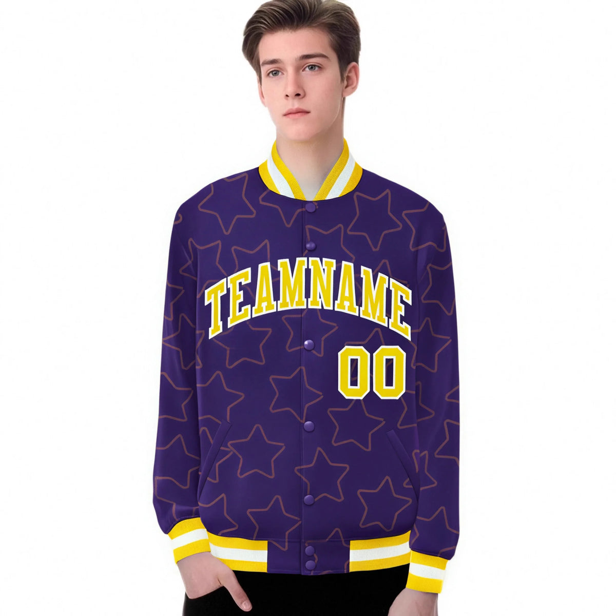 Custom Purple Gold-White Varsity Full-Snap Star Pattern Letterman Baseball Jacket