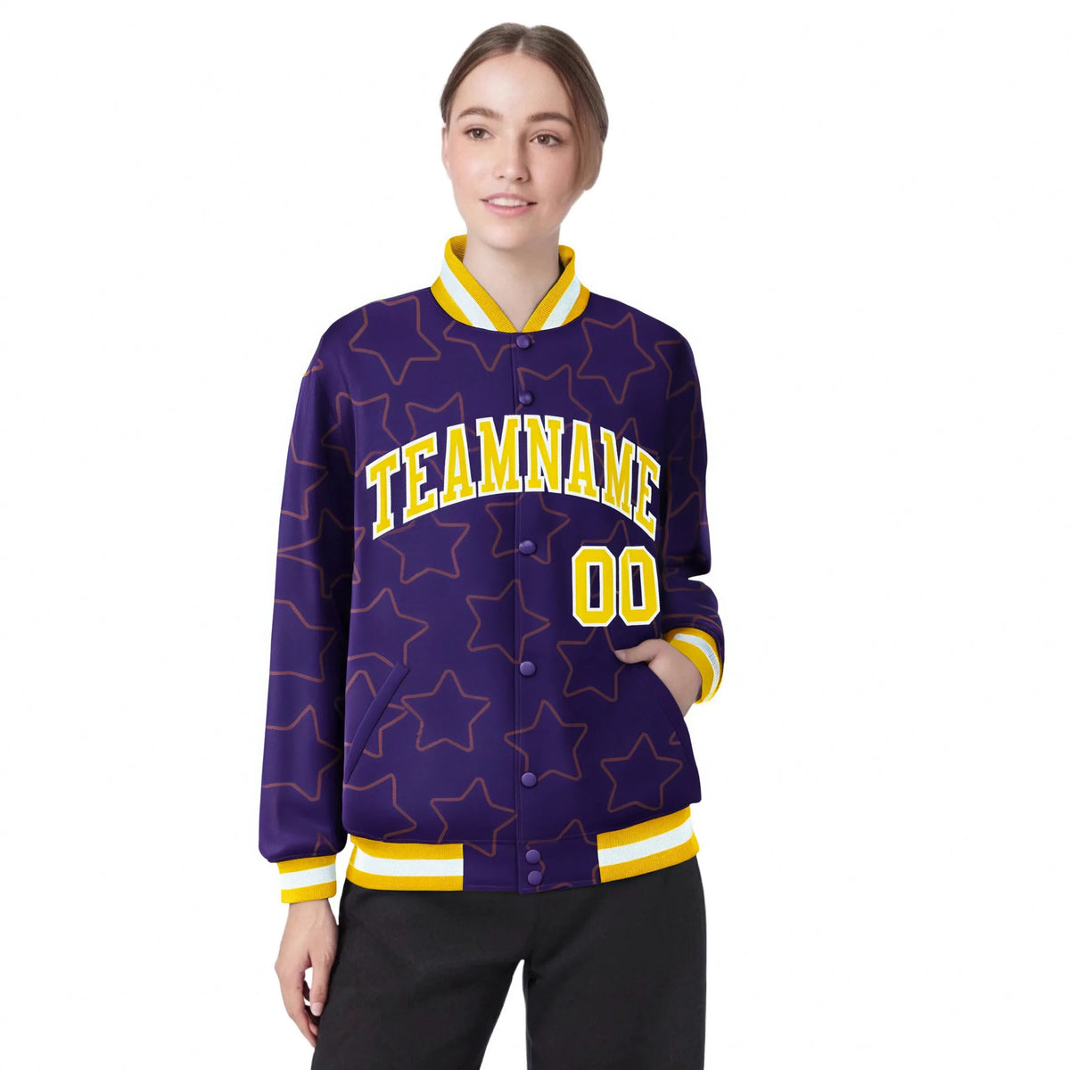 Custom Purple Gold-White Varsity Full-Snap Star Pattern Letterman Baseball Jacket