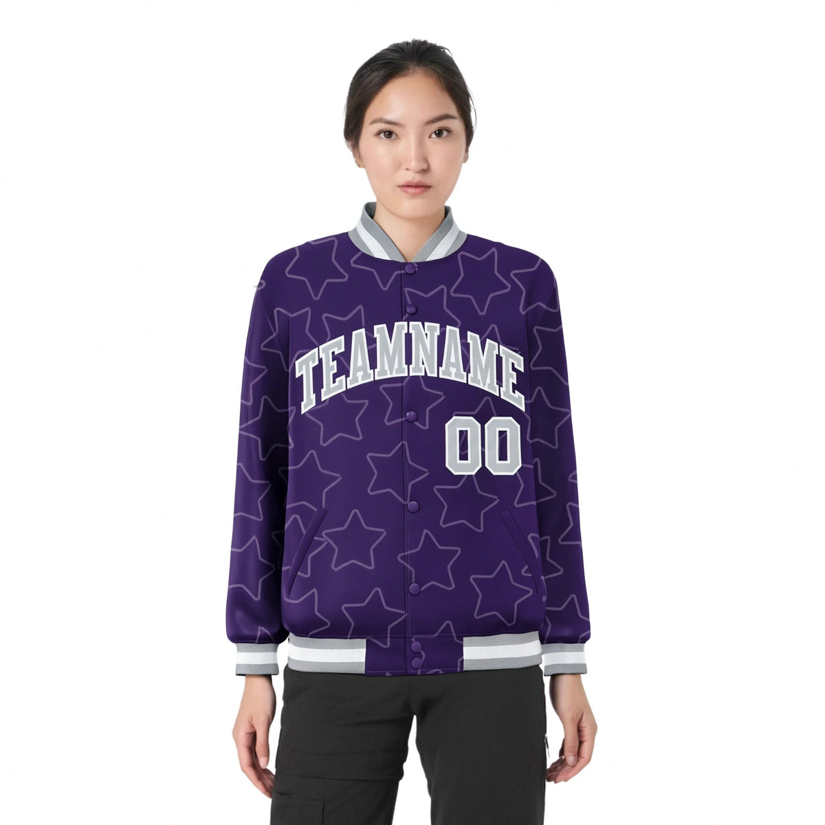 Custom Purple Gray-White Varsity Full-Snap Star Pattern Letterman Baseball Jacket