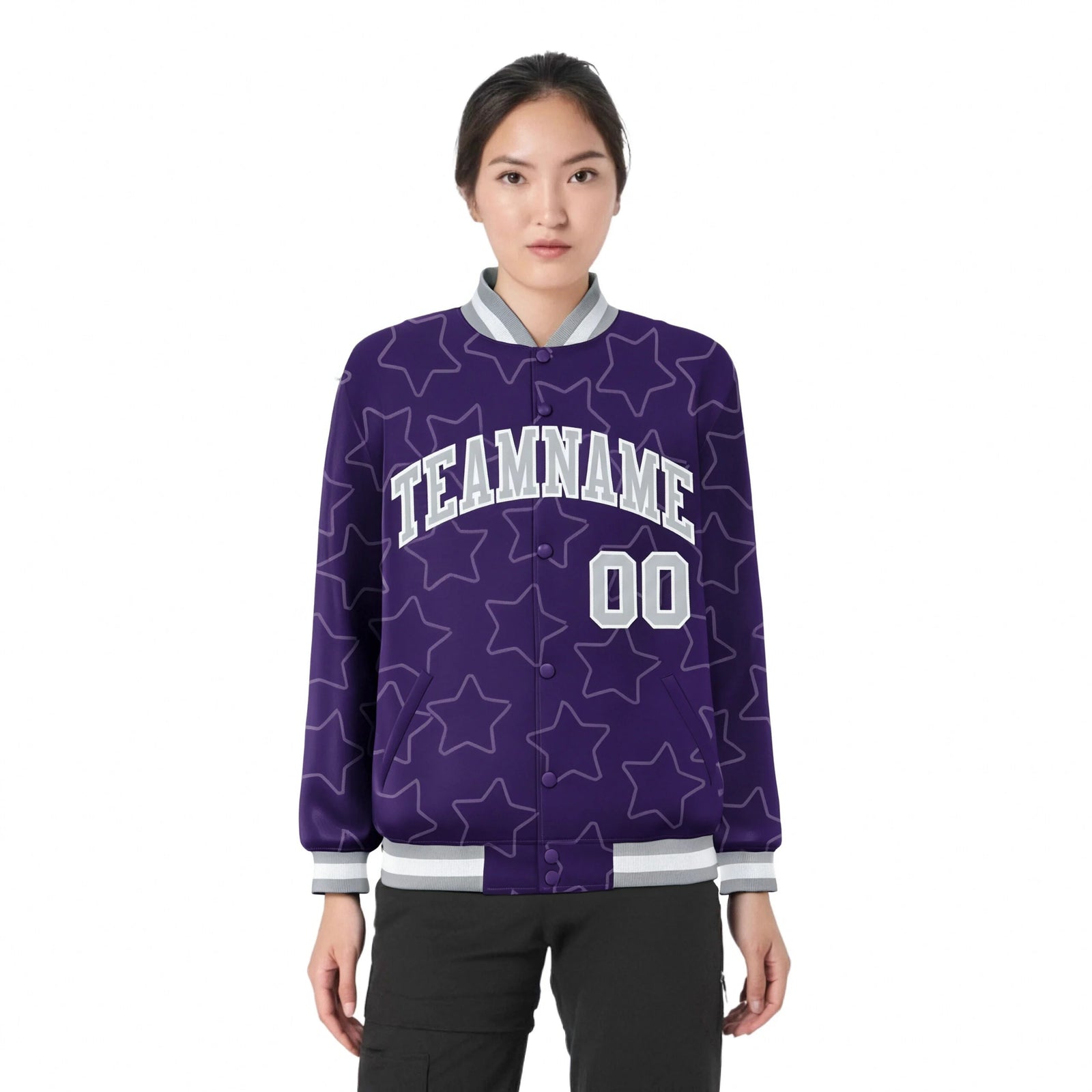 Custom Purple Gray-White Varsity Full-Snap Star Pattern Letterman Baseball Jacket