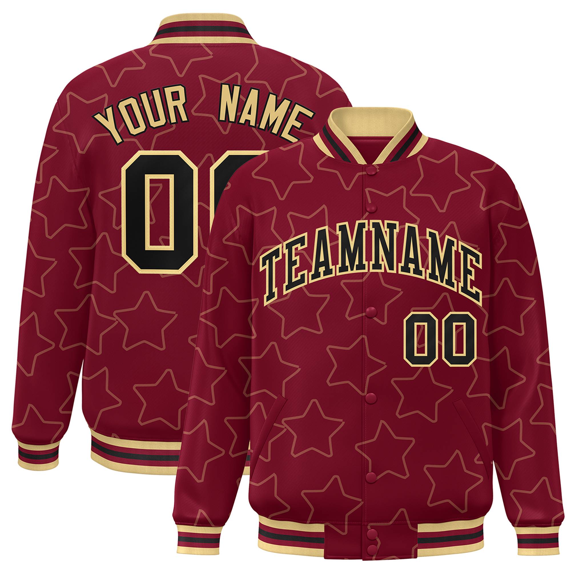 Custom Crimson Black-Old-Gold Varsity Full-Snap Star Pattern Letterman Baseball Jacket