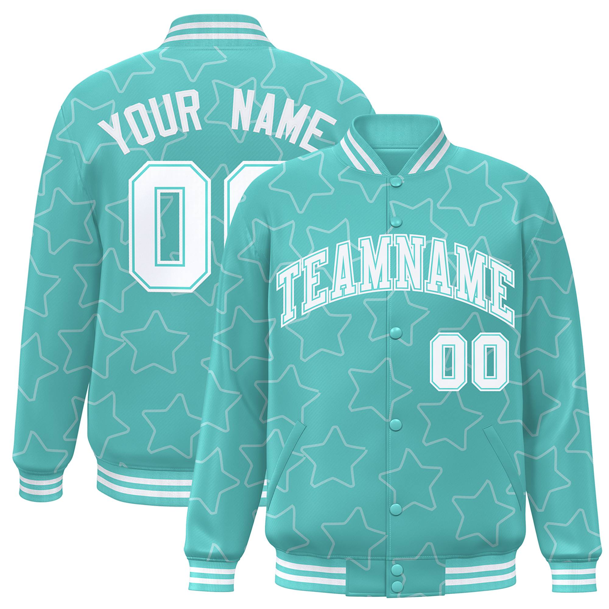 Custom Aqua White Varsity Full-Snap Star Pattern Letterman Baseball Jacket