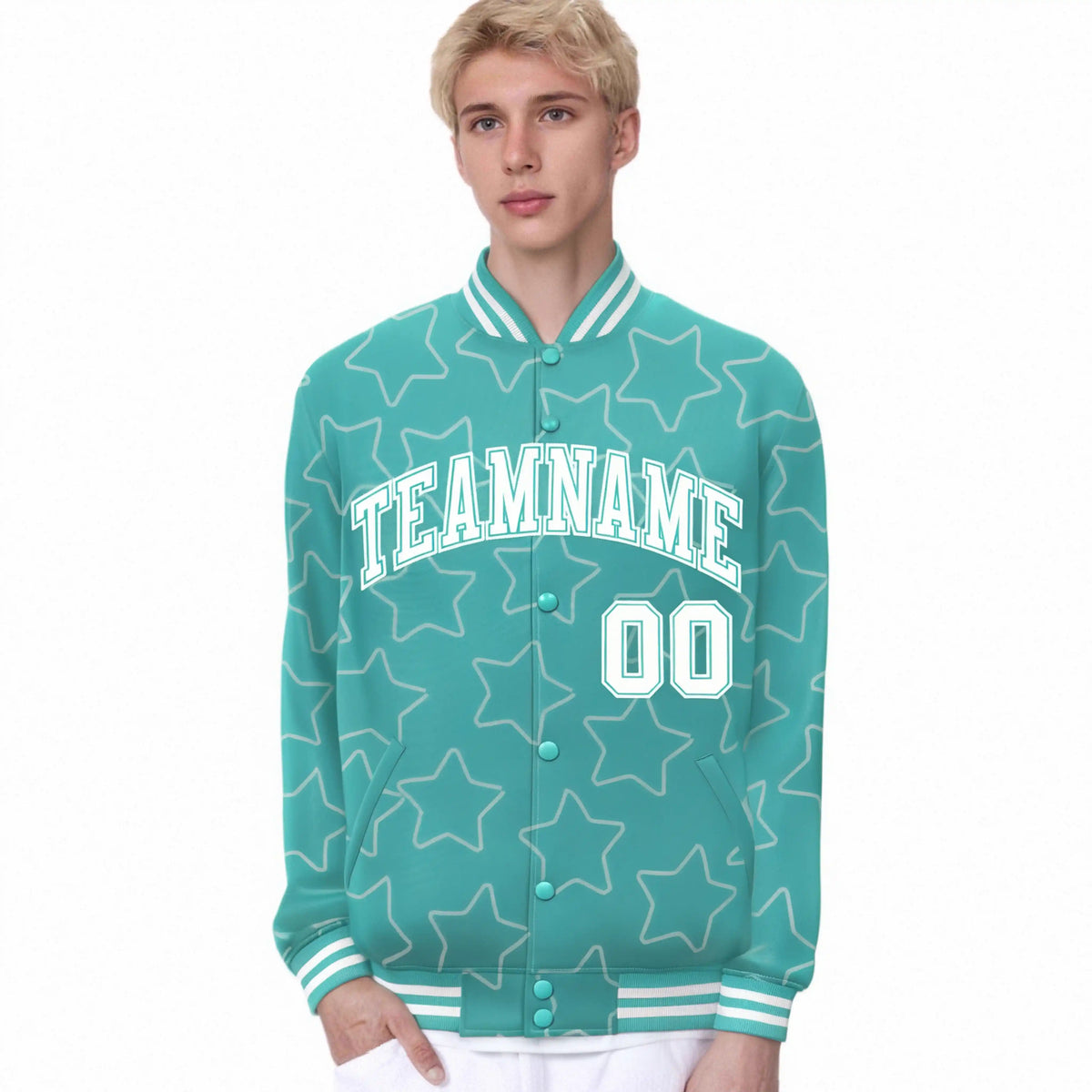 Custom Aqua White Varsity Full-Snap Star Pattern Letterman Baseball Jacket
