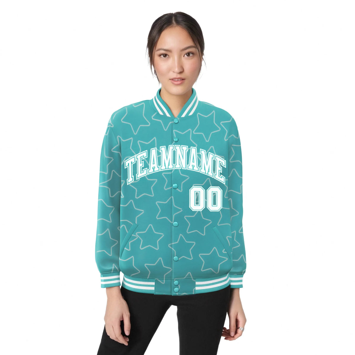 Custom Aqua White Varsity Full-Snap Star Pattern Letterman Baseball Jacket