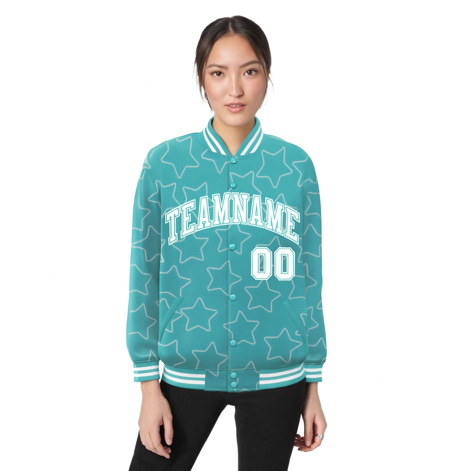 Custom Aqua White Varsity Full-Snap Star Pattern Letterman Baseball Jacket