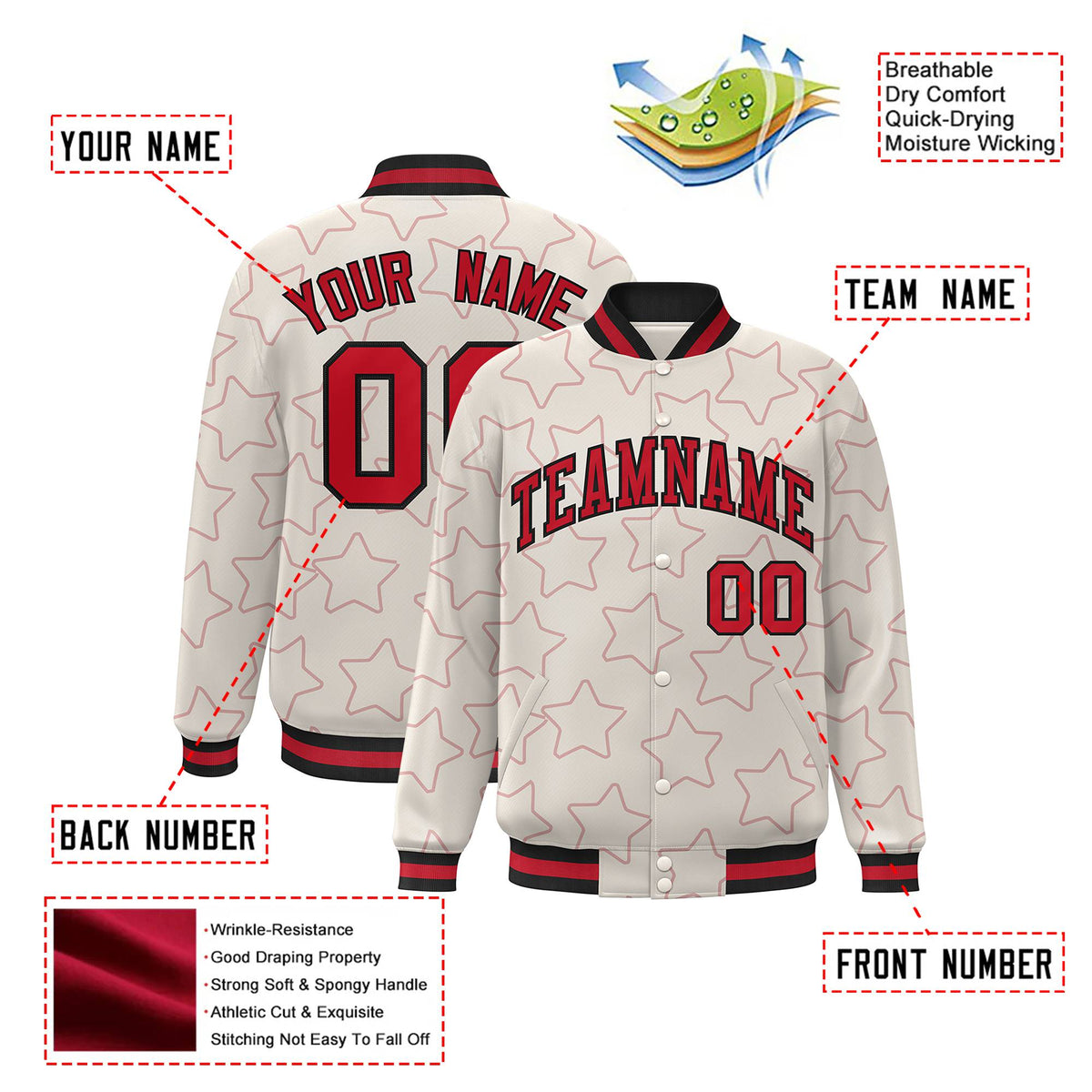 Custom Cream Red-Black Varsity Full-Snap Star Pattern Letterman Baseball Jacket