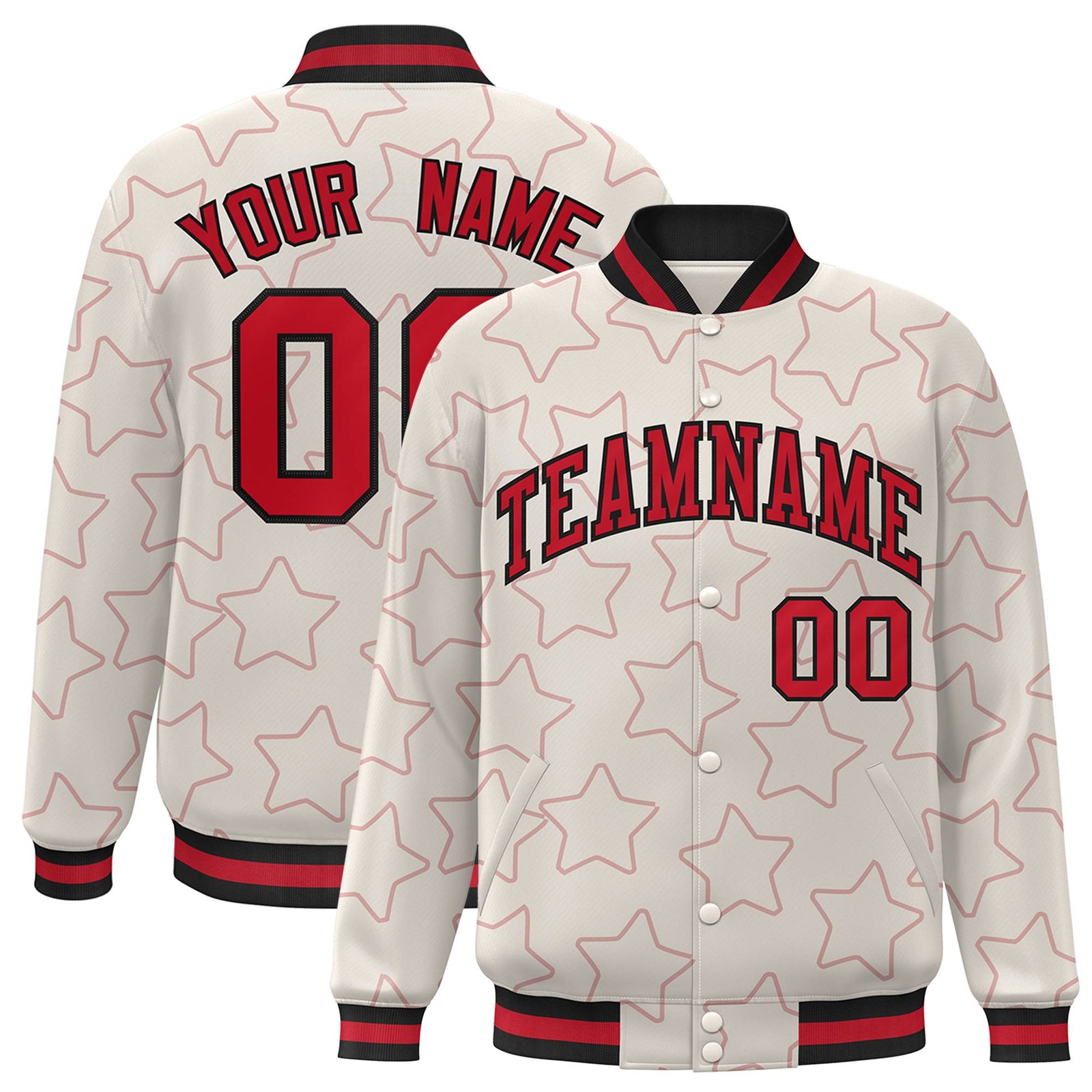 Custom Cream Red-Black Varsity Full-Snap Star Pattern Letterman Baseball Jacket