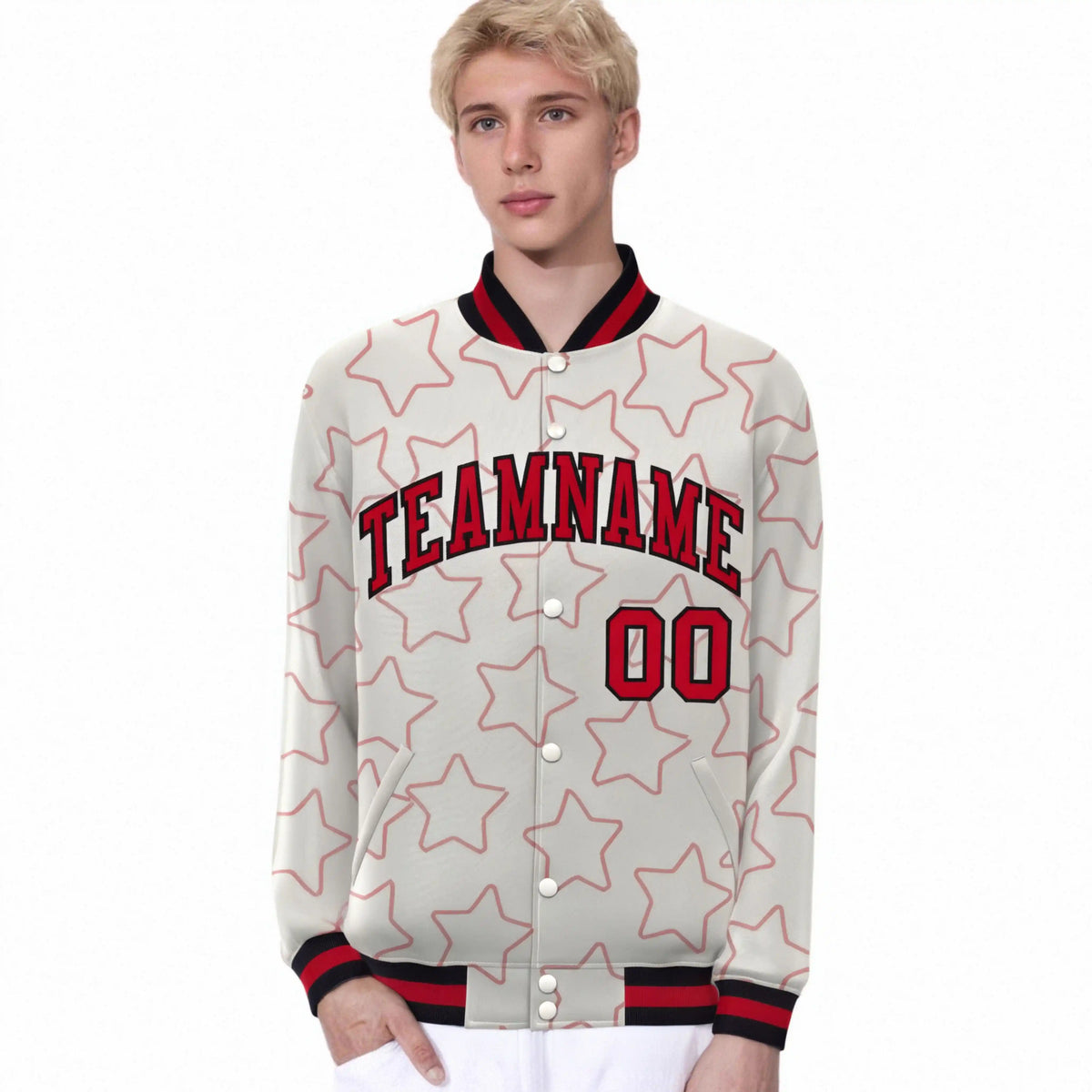 Custom Cream Red-Black Varsity Full-Snap Star Pattern Letterman Baseball Jacket