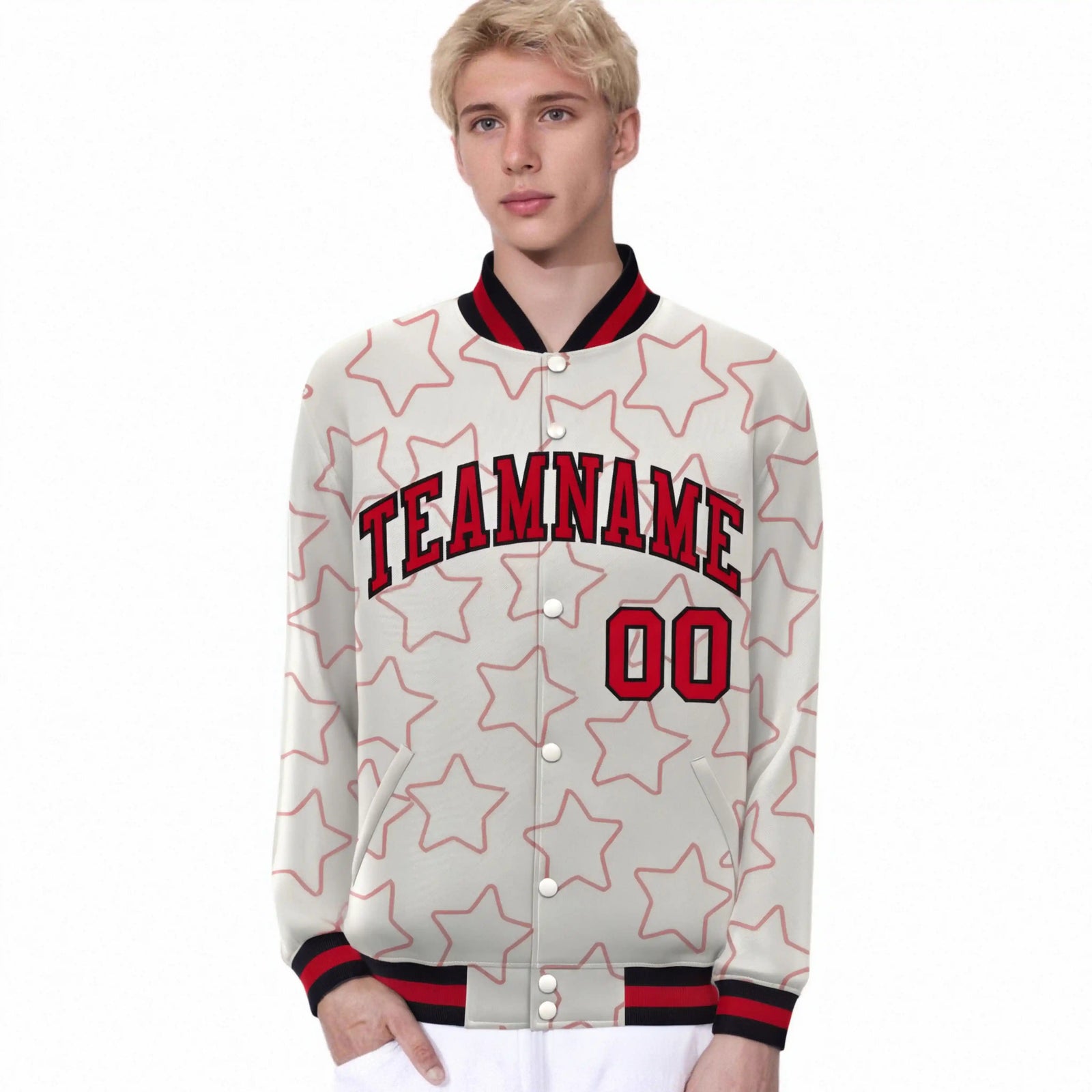 Custom Cream Red-Black Varsity Full-Snap Star Pattern Letterman Baseball Jacket