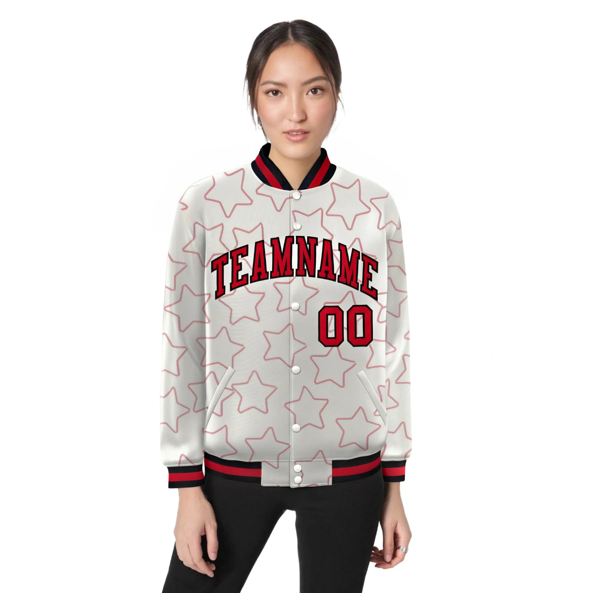 Custom Cream Red-Black Varsity Full-Snap Star Pattern Letterman Baseball Jacket