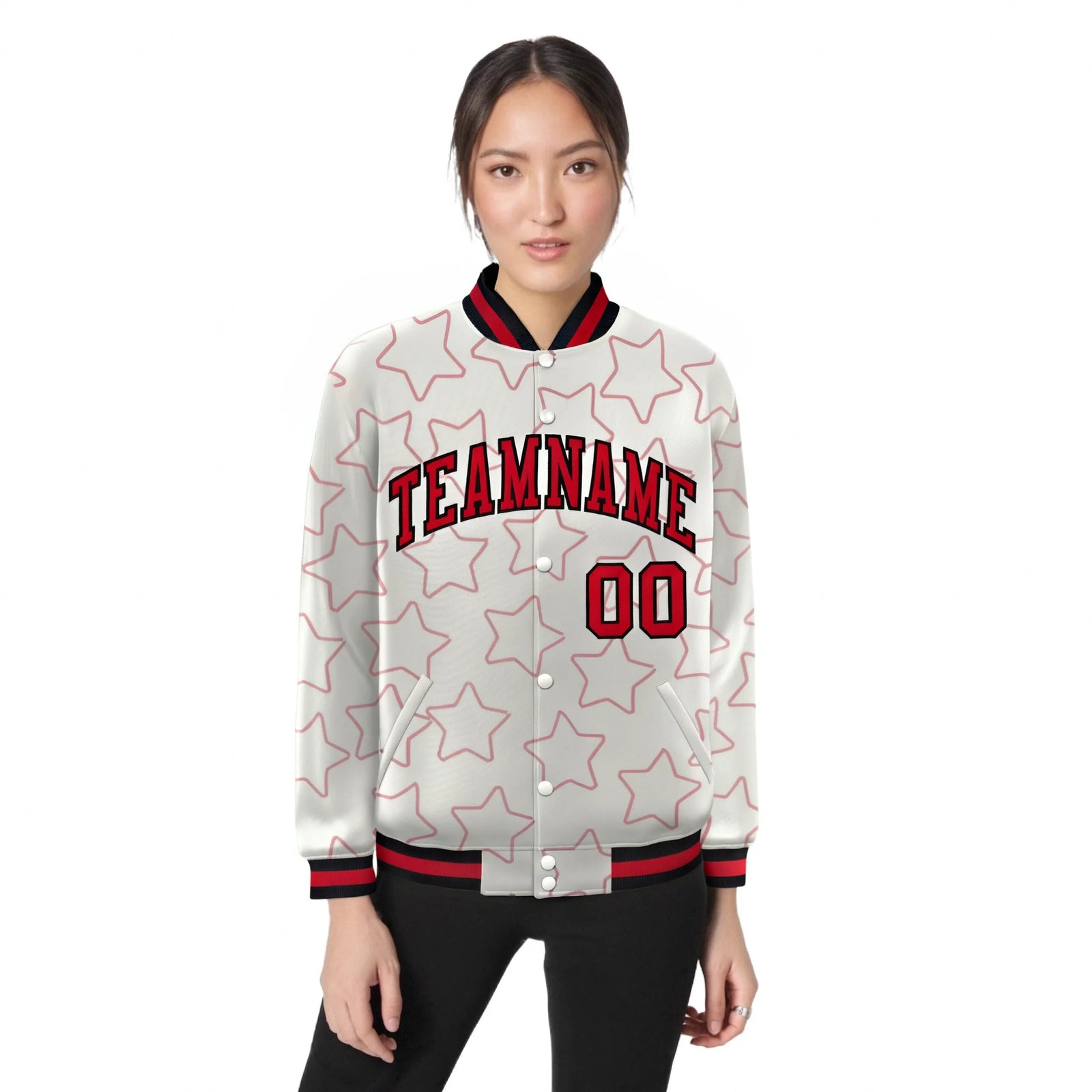 Custom Cream Red-Black Varsity Full-Snap Star Pattern Letterman Baseball Jacket