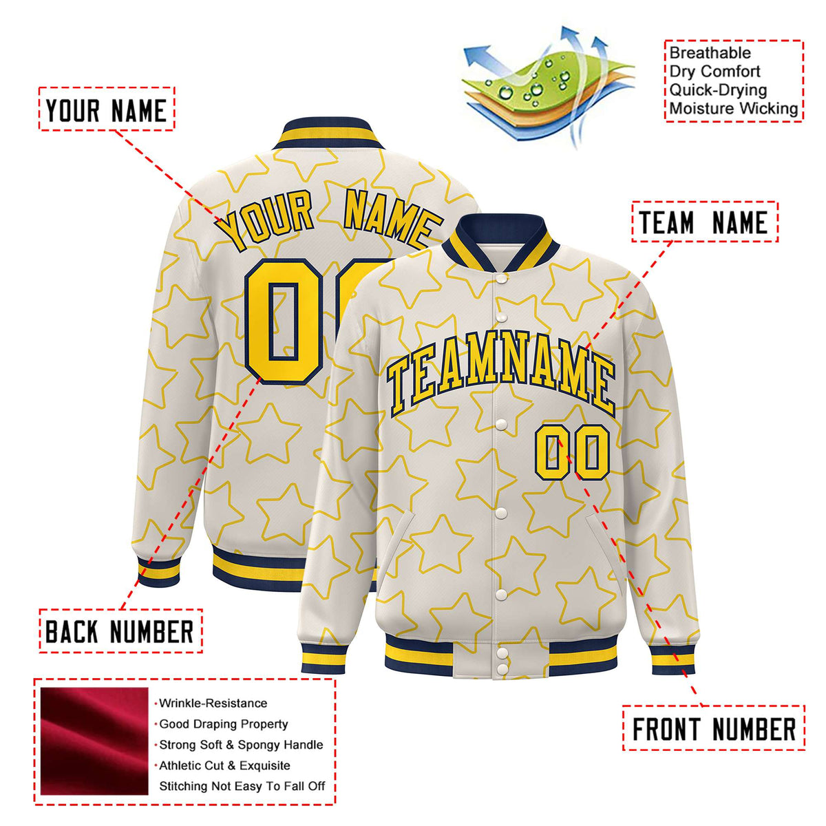 Custom Cream Gold-Navy Varsity Full-Snap Star Pattern Letterman Baseball Jacket