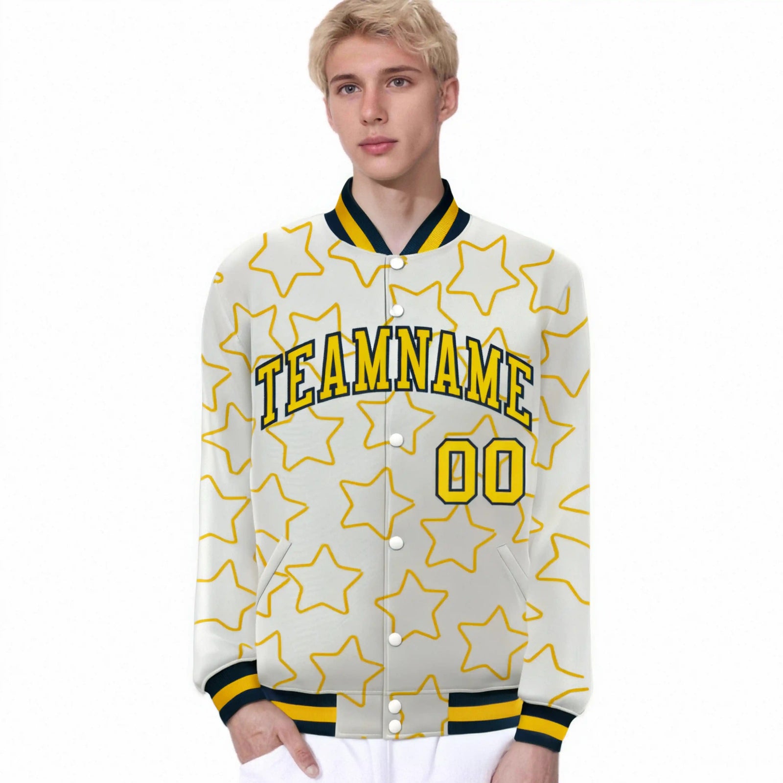 Custom Cream Gold-Navy Varsity Full-Snap Star Pattern Letterman Baseball Jacket