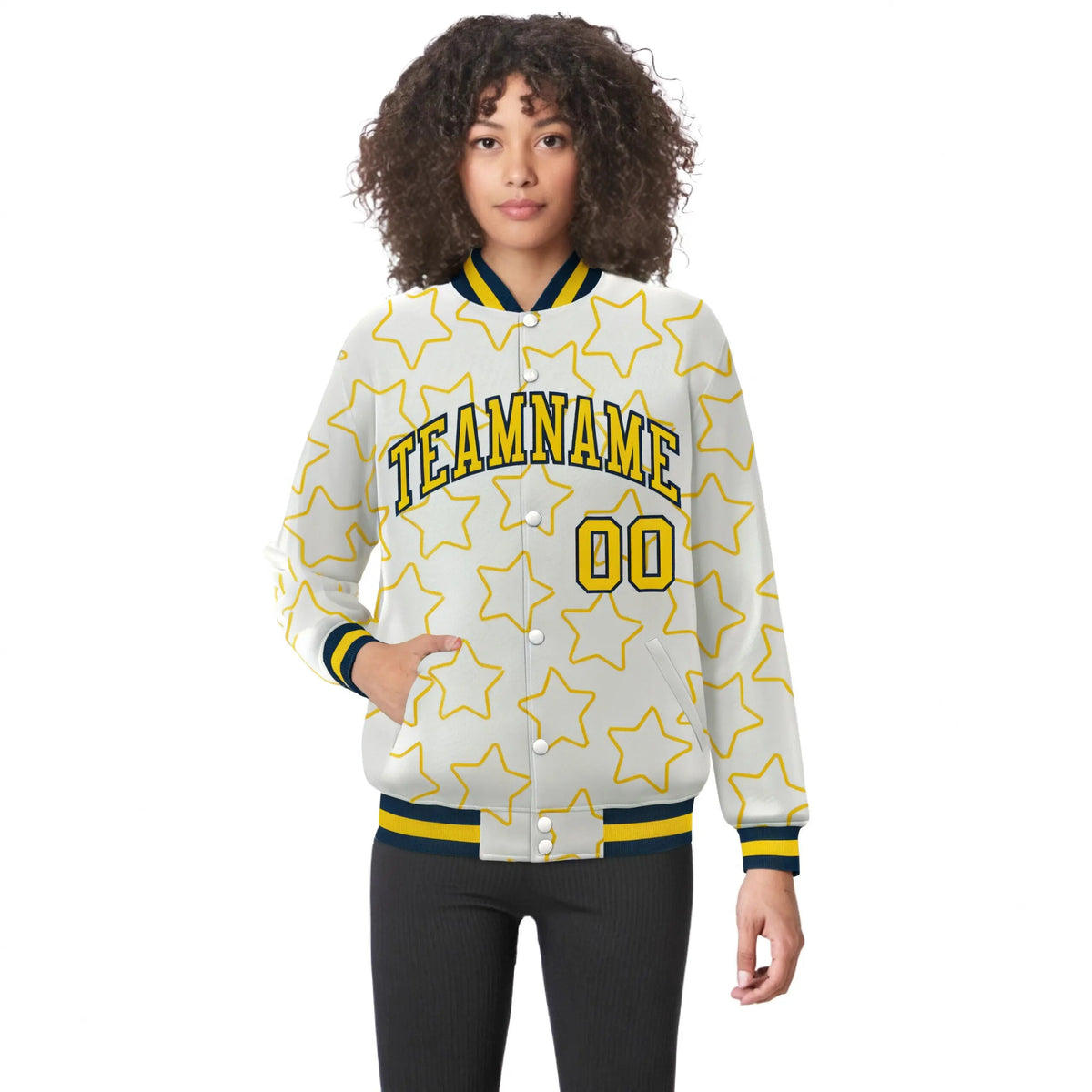 Custom Cream Gold-Navy Varsity Full-Snap Star Pattern Letterman Baseball Jacket