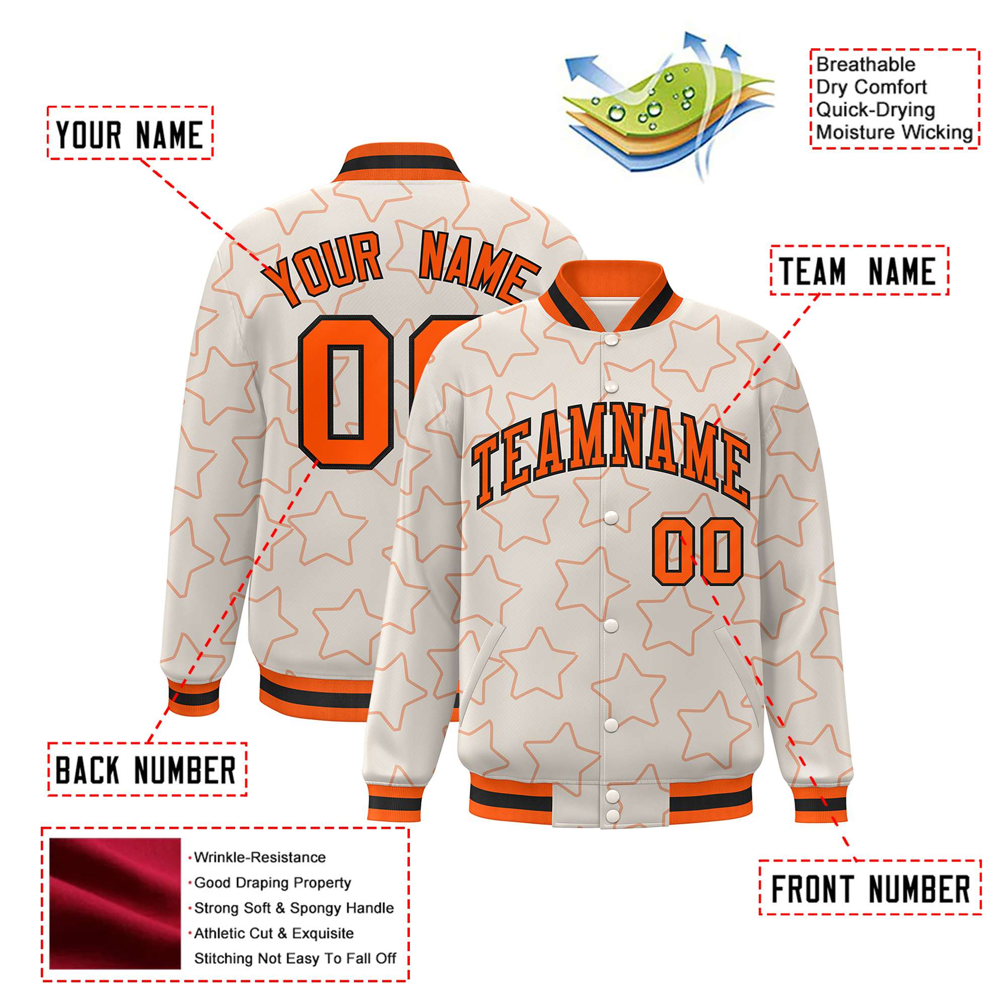 Custom Cream Orange-Black Varsity Full-Snap Star Pattern Letterman Baseball Jacket