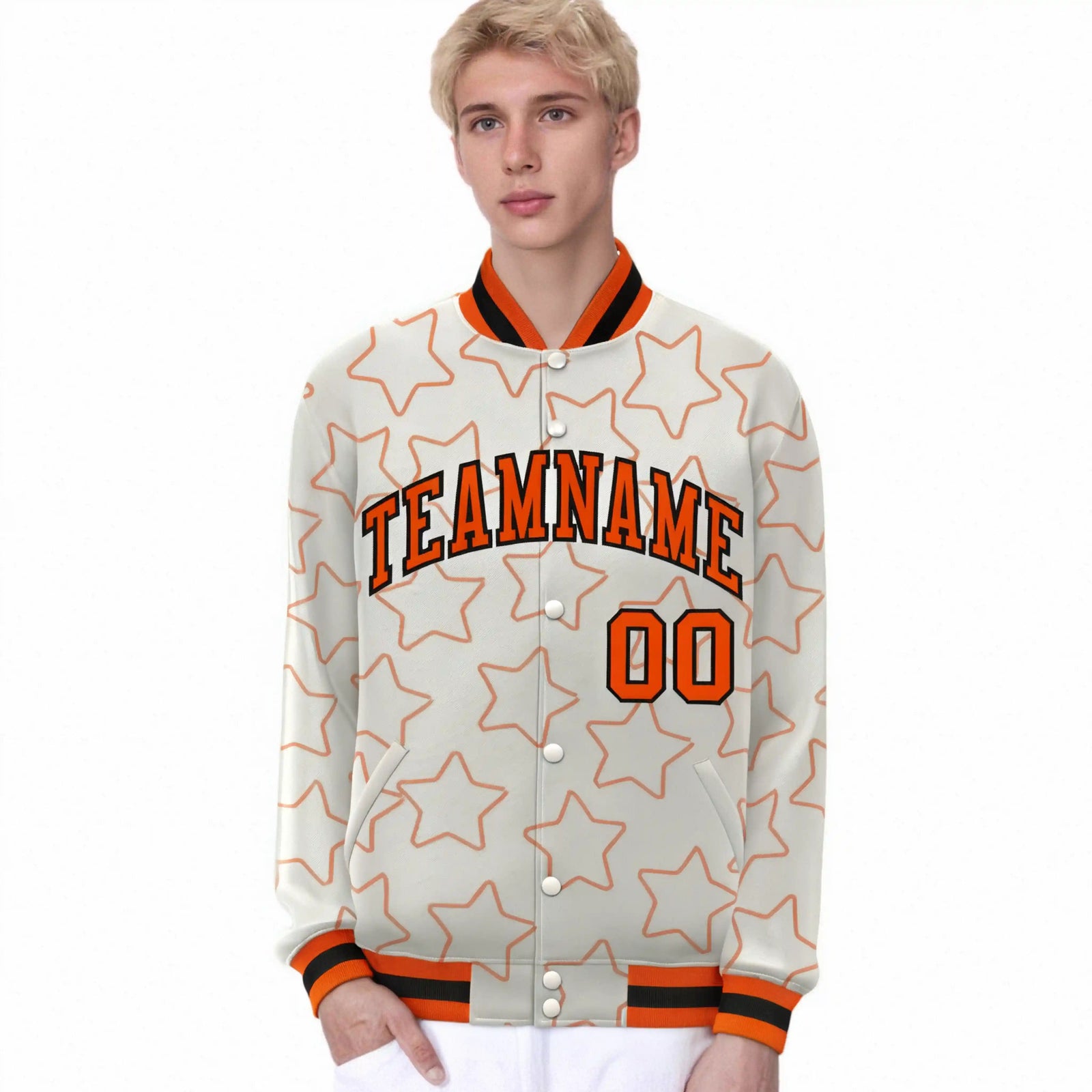 Custom Cream Orange-Black Varsity Full-Snap Star Pattern Letterman Baseball Jacket