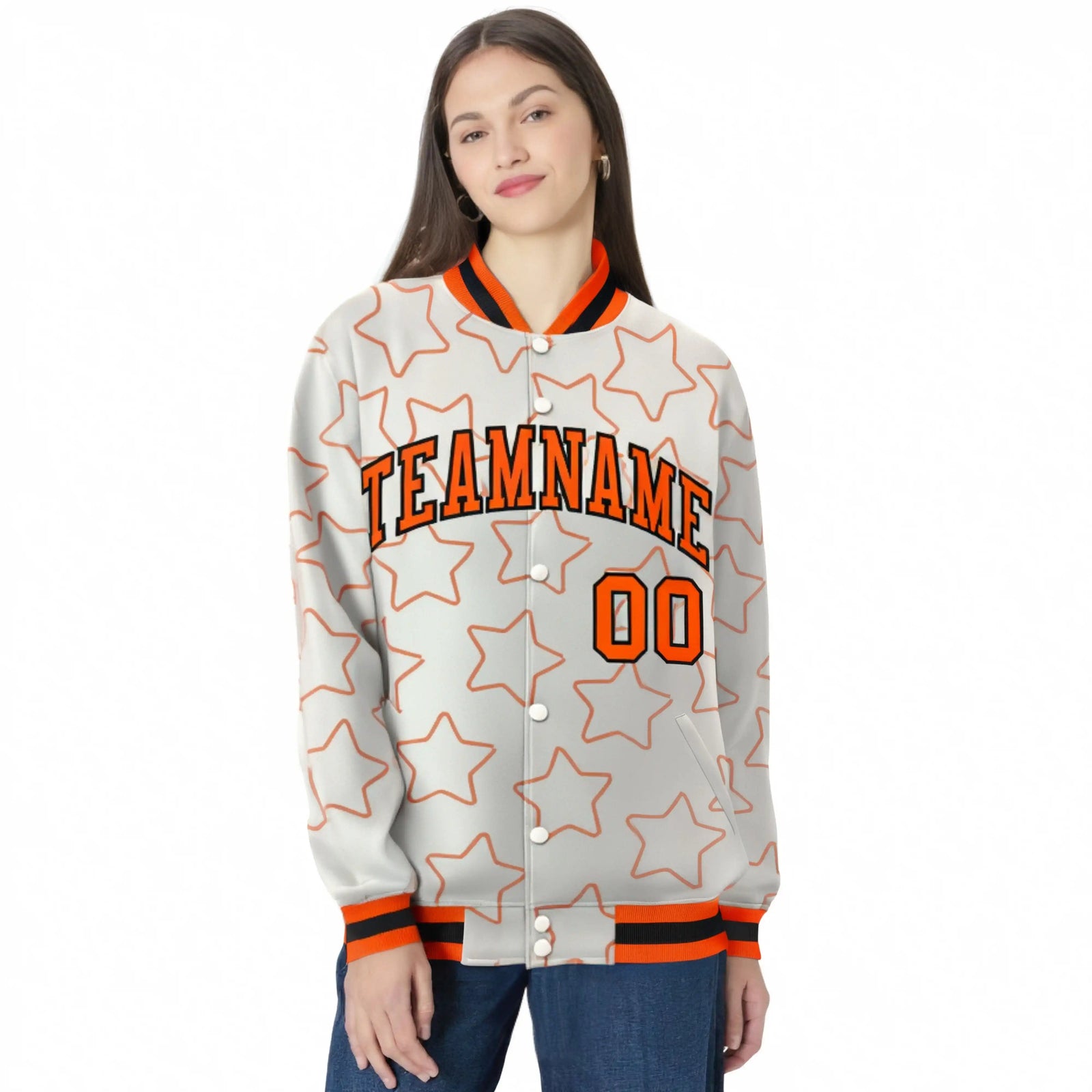 Custom Cream Orange-Black Varsity Full-Snap Star Pattern Letterman Baseball Jacket