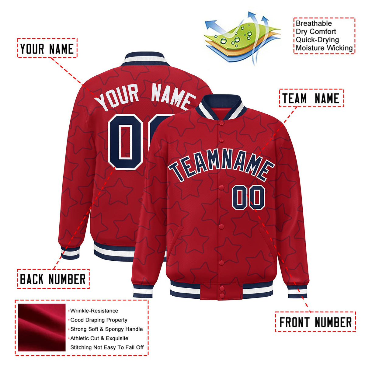 Custom Red Navy Varsity Full-Snap Star Pattern Letterman Baseball Jacket