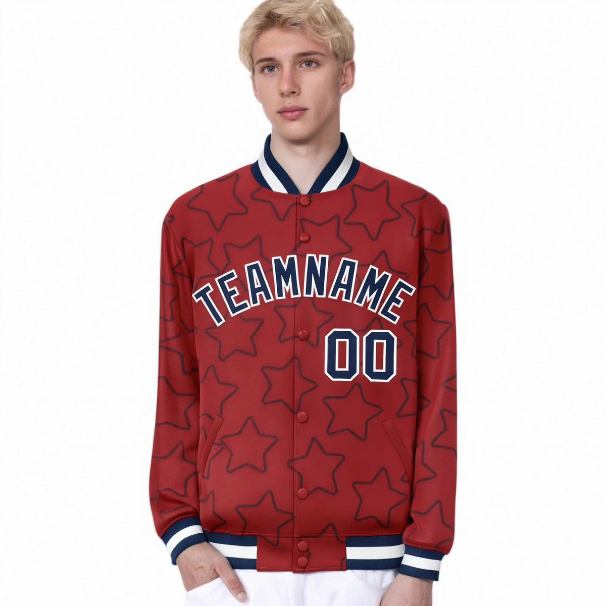 Custom Red Navy Varsity Full-Snap Star Pattern Letterman Baseball Jacket