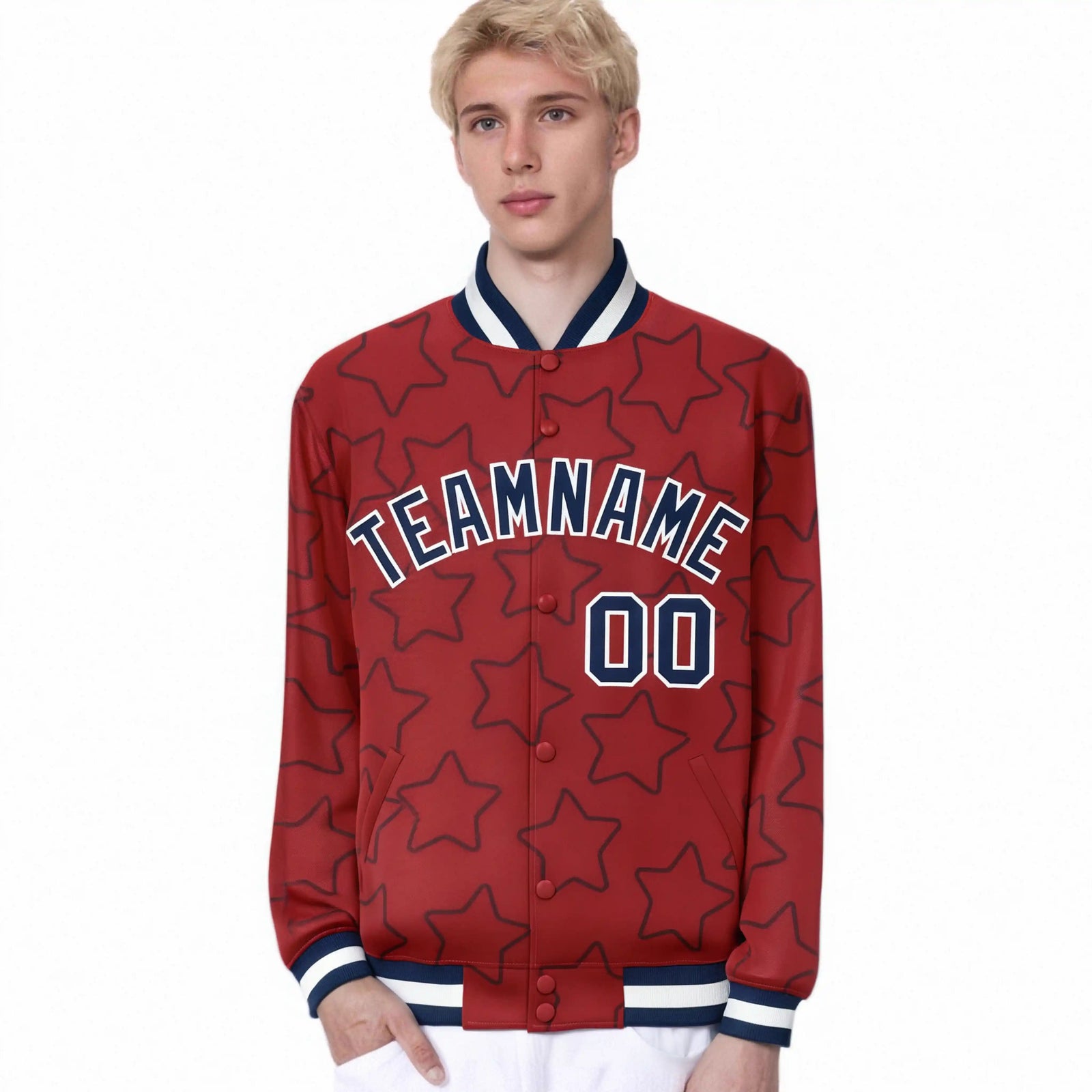 Custom Red Navy Varsity Full-Snap Star Pattern Letterman Baseball Jacket