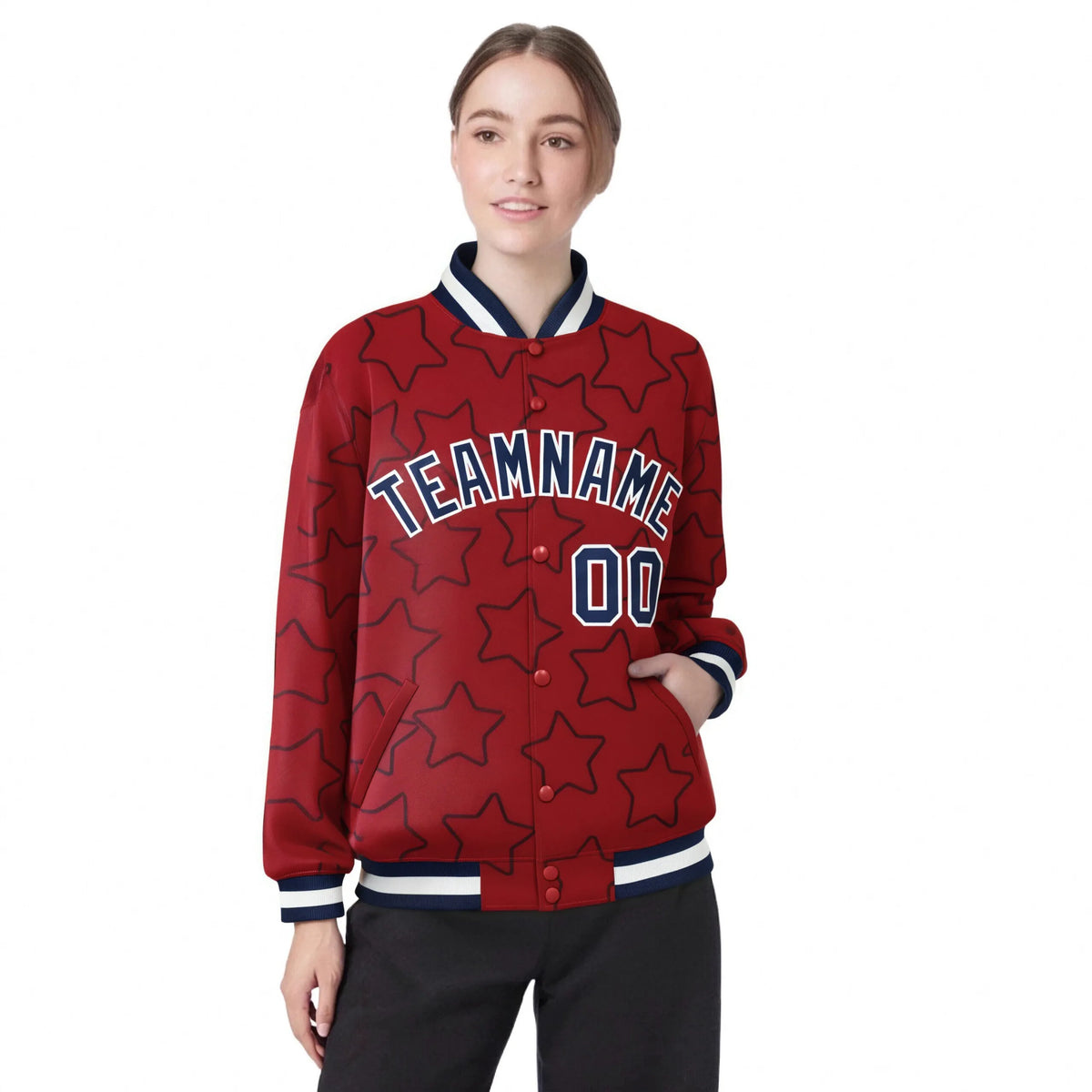 Custom Red Navy Varsity Full-Snap Star Pattern Letterman Baseball Jacket