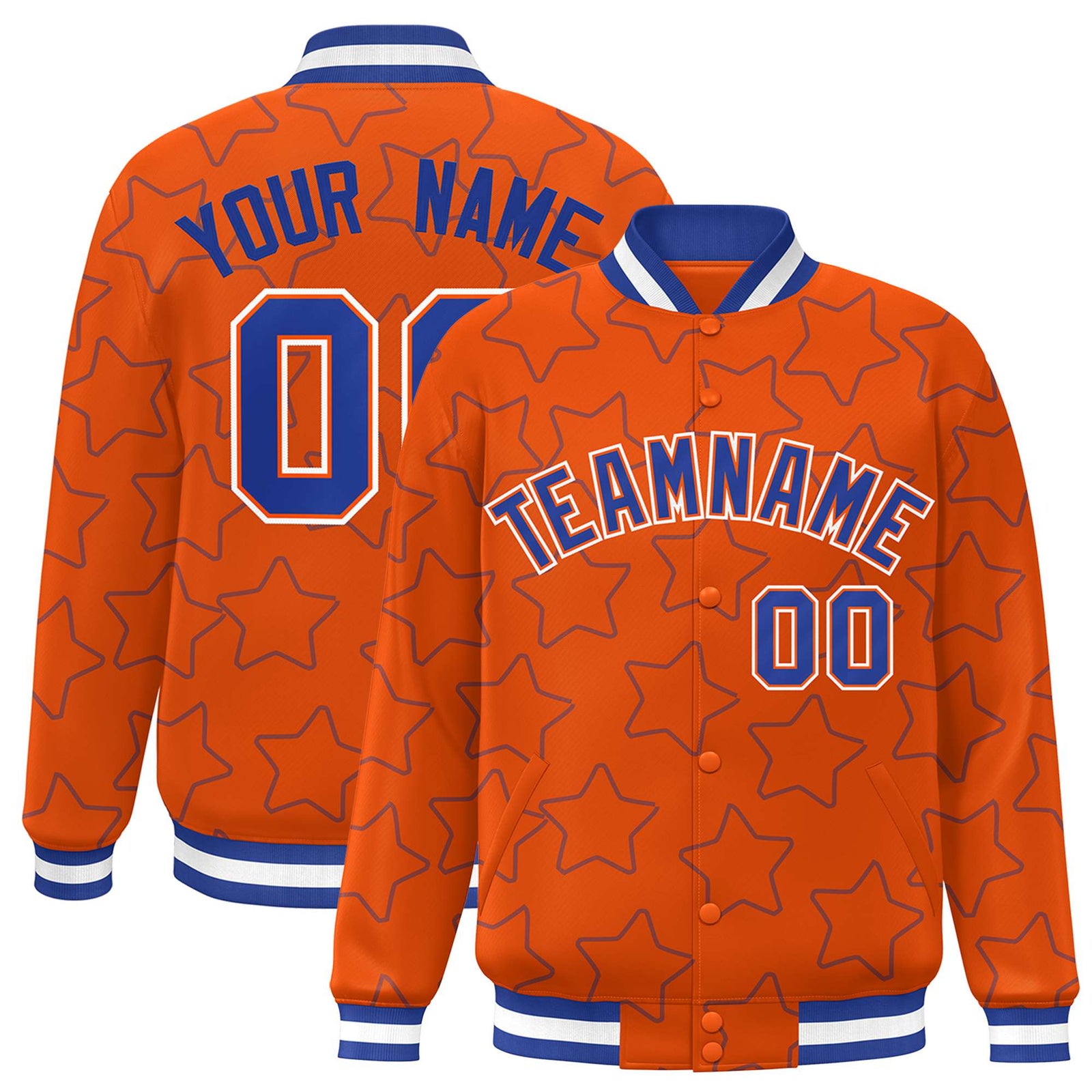 Custom Orange-Royal Blue Varsity Full-Snap Star Pattern Letterman Baseball Jacket